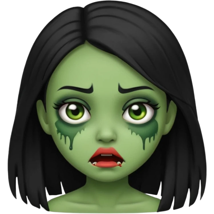 cute expression half-zombie girl emoji, straight black hair, green skin, no text emoji