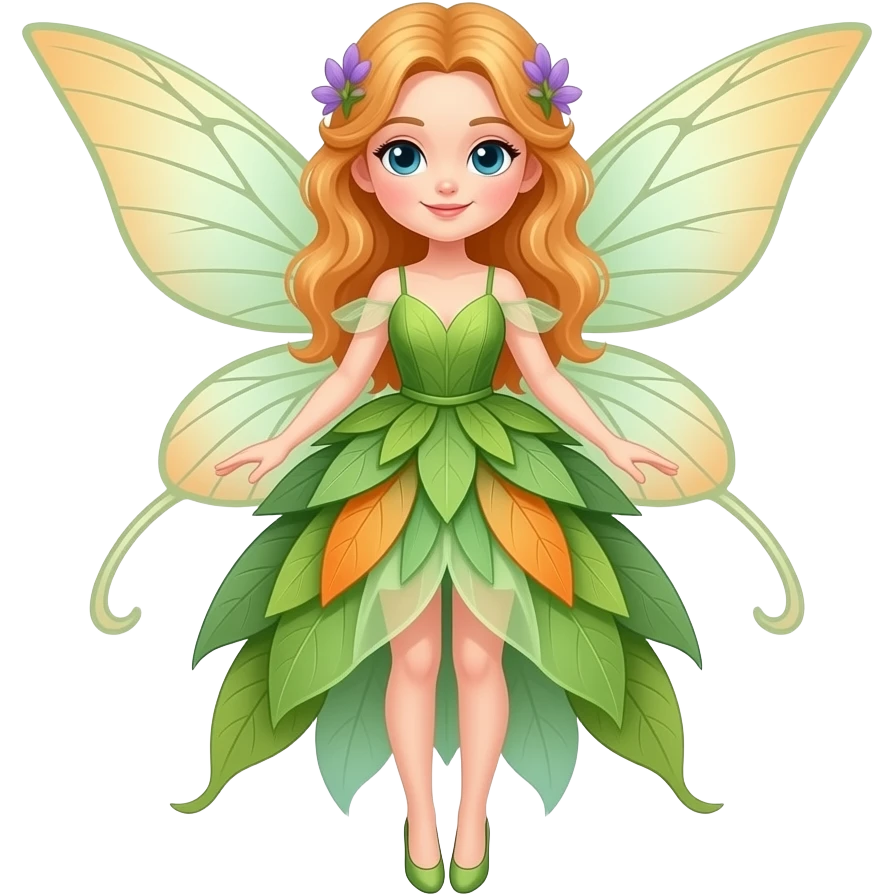 An elegant garden fairy in a green and orange color palette, with delicate translucent wings, a flowing leaf-and-petal dress, rosy cheeks, and tiny lilac accents. emoji