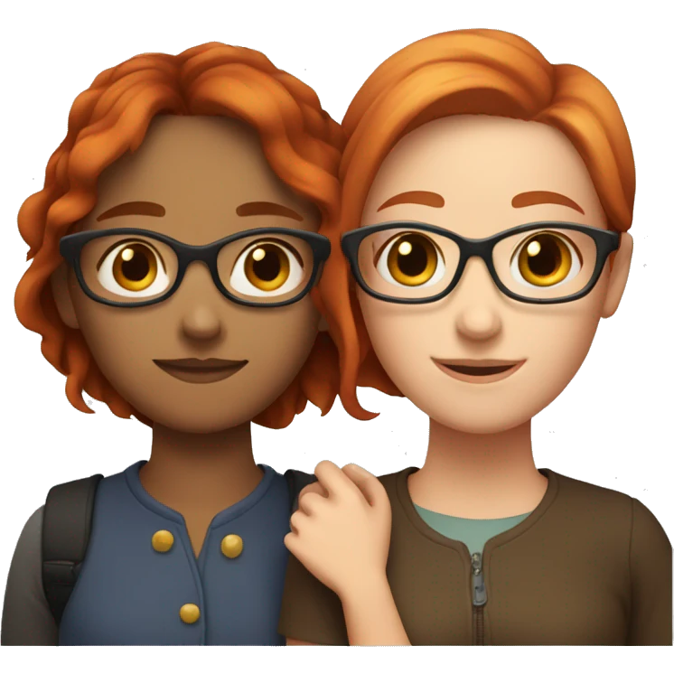 Two girls hugging each other both one with red hair and glasses and the other one with brown hair emoji