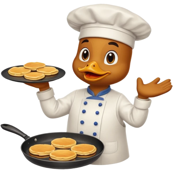 A chef duck wearing a tiny apron, flipping pancakes on a pan emoji