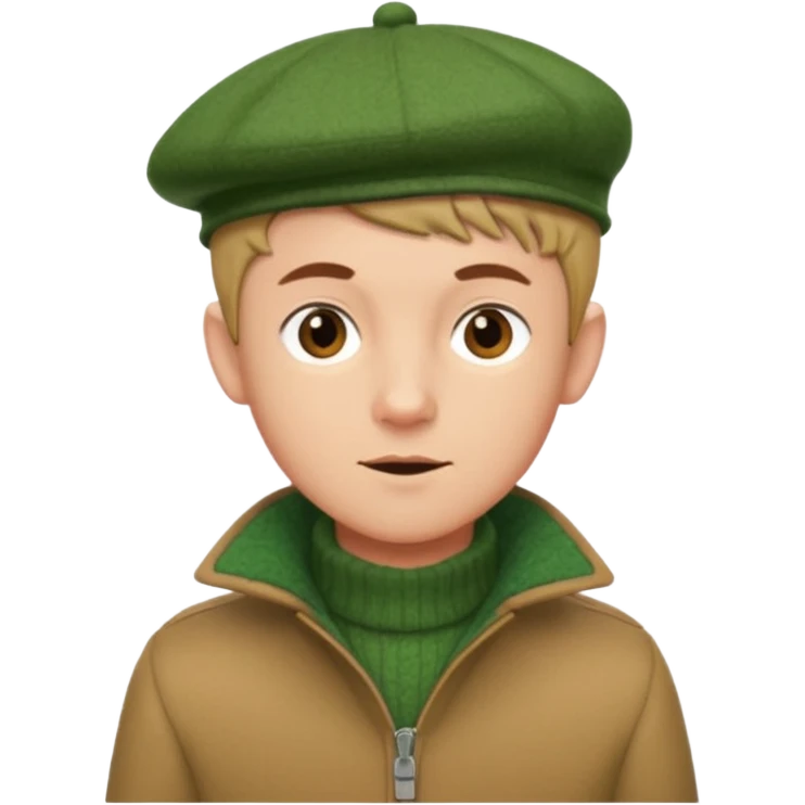 young man with pixie cut, green wool hat, tan jacket and pork chop sideburns emoji