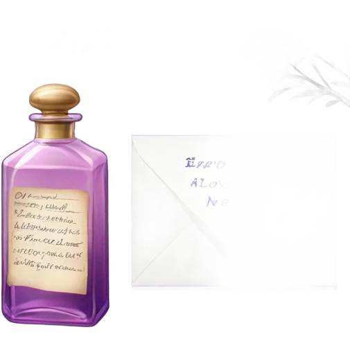 Aesthetic still life of soft violet mimosa flowers, a vintage-style pink perfume bottle, and a lavender love note delicately placed in an envelope.
 emoji