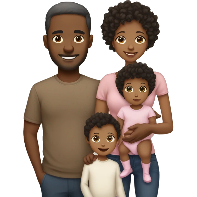 A family with the dad who is black with dark short hair, the mom who is light skin with medium length brown hair and the baby who is light skin with short curly hair and a heart  emoji