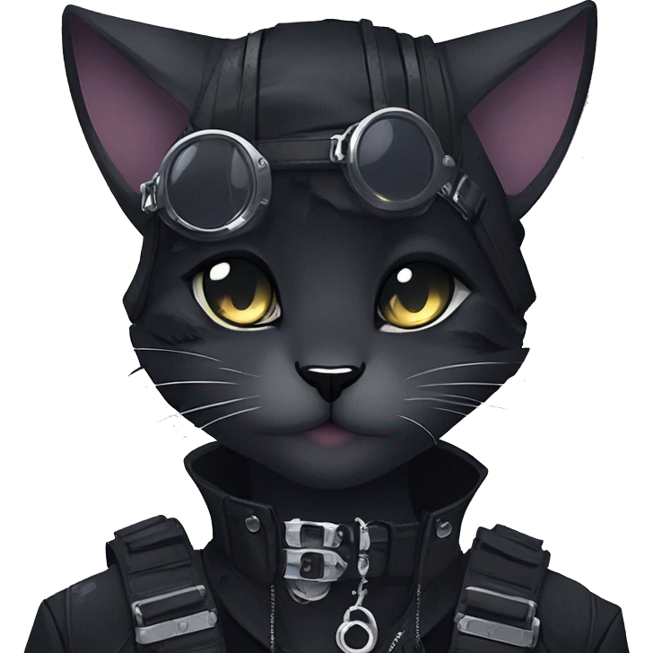 Gorgeous gothic dark techwear cyberpunk anime style anthro cat with blushing face aesthetic and pretty edgy black with collar and harness trending style emoji