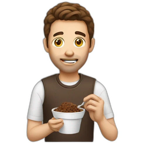 A brown haired man eating poop emoji