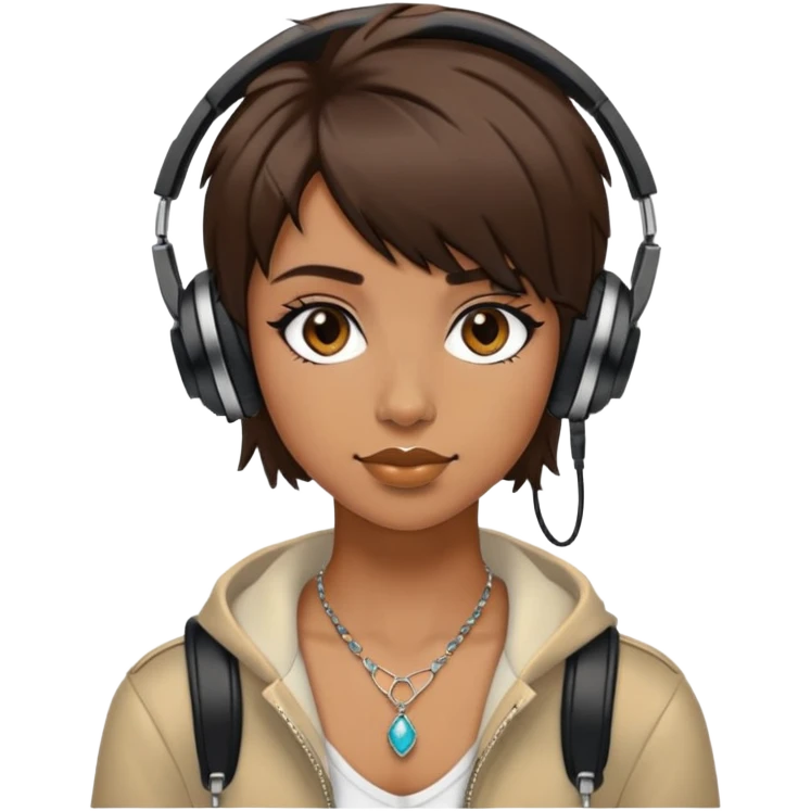 cool girl with short shaggy brown hair with a nose piercing and black headphones and cool jewelry emoji