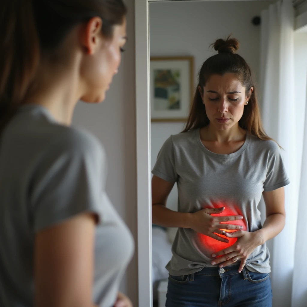 adult woman, photorealistic, intestinal discomfort, standing in front of mirror, hands on abdomen, worried look, natural light, bathroom background emoji