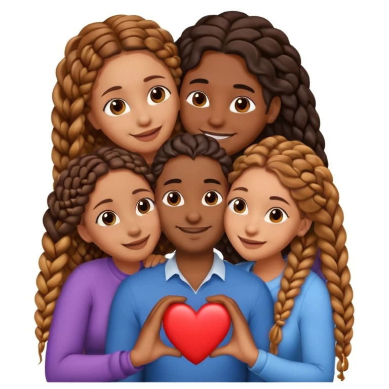 A throuple, with one tall large brown skinned black man with a low cut, a brown skinned large woman with long hair, and a brown skinned woman with braids, embracing each other, heart emoji emoji