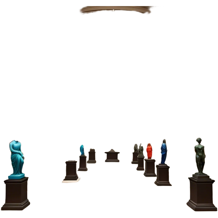 An icon featuring an elegant art gallery with classic paintings hanging on the walls, and sculptures displayed on pedestals. Visitors admire the exhibits, capturing the essence of culture, history, and art. Set against a transparent background. emoji
