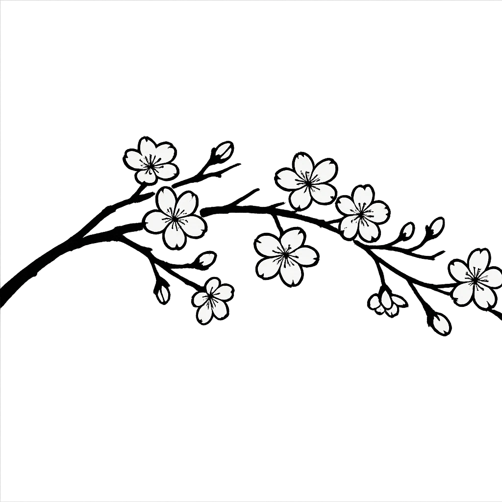 long curved single-color sakura branch with flowers, eastern style, no background, for sign decoration, 1200x100px emoji
