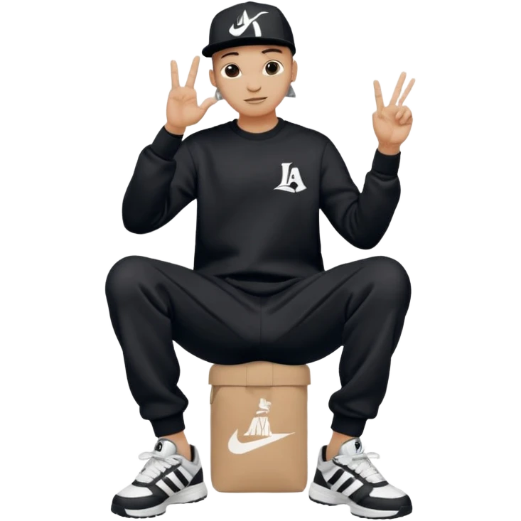 Crea Un Emoji De Cuerpo Completo Que Sea Hombre Con Corte Alucin Que Tenga Gorra Nike, Suéter Negro Que Tenga La Letras LA El La Parte Del Corazón, Zapatos Adidas Con Una Palomita✅, Pantalón Ancho O Bellaco Con Unos Diseños De Palomas Blancas Y Asiendo Una Pose Con Su Mano Que Sea Está 🤙🏽. emoji