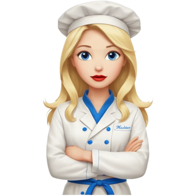 Beautiful, sexy,  long blonde hair, blue eyed, full red lips plunging v neck chefs coat, female chef arms folded  emoji