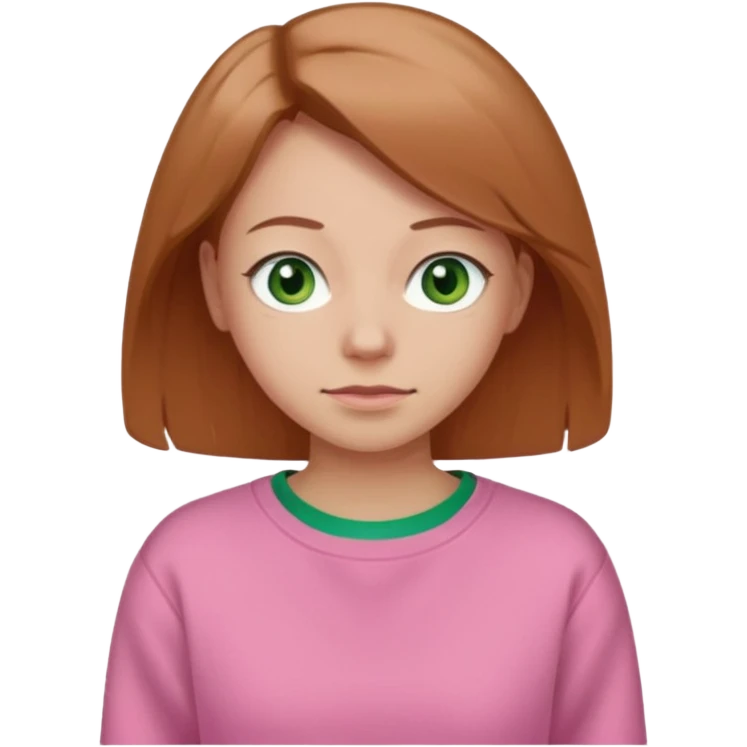  Una donna con una felpa semplice rosa, senza cappuccio. i capelli sono lunghi fino alle spalle marroni chiaro,gli occhi sono verdi e la bocca è contenta ma non sorride emoji