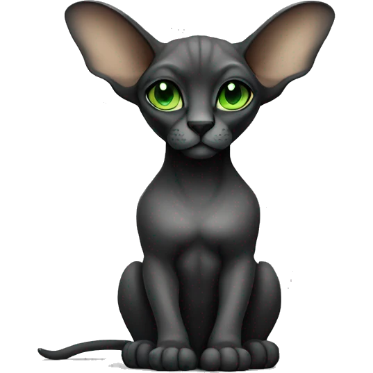 Pretty sphinx black or gray with big ears and green eyes. Sitting and licking  emoji