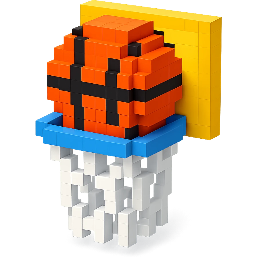A voxel-style basketball in a net, detailed and intricate emoji