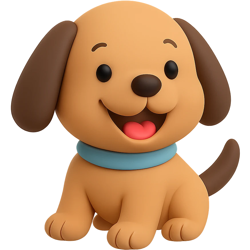 A playful puppy with floppy ears and a wagging tail, looking cheerful and friendly emoji