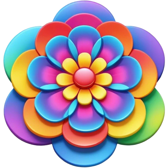 A round psychedelic colored button with bezeled edges and a rainbow colored 3D style flower in the center emoji