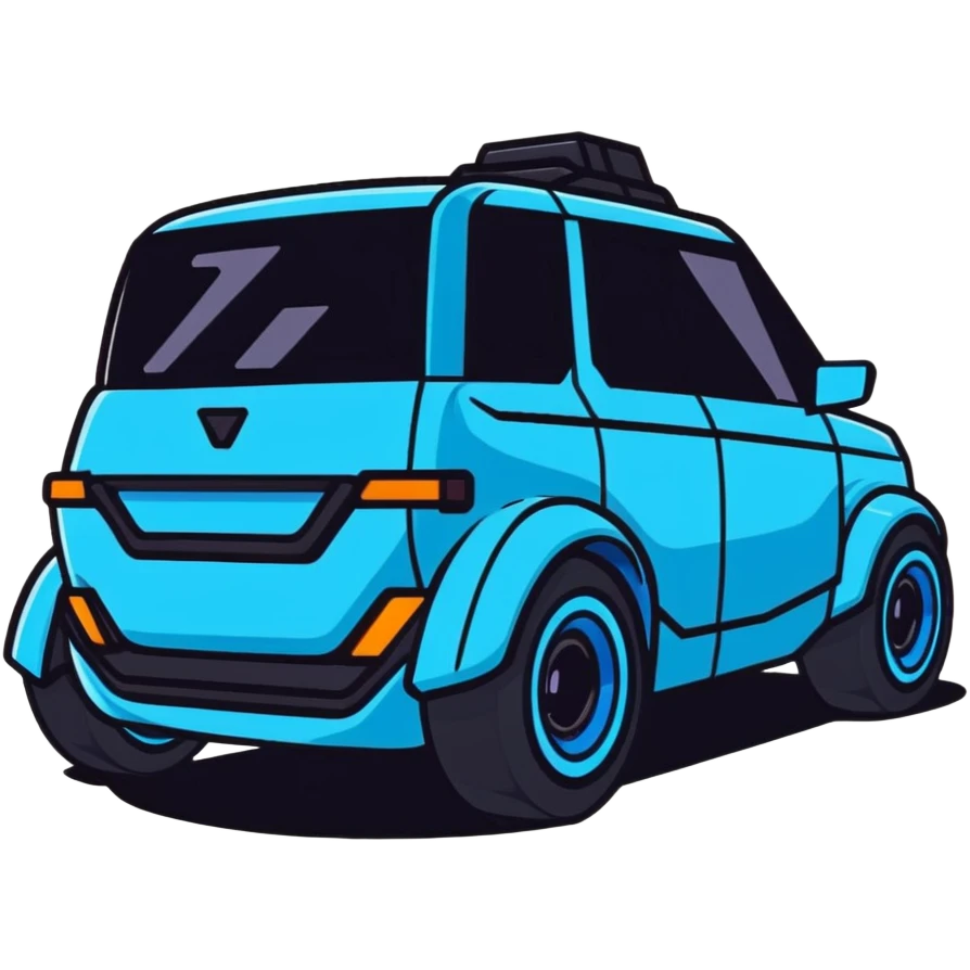 Futuristic retro hover car with angular design and glowing blue wheels, flat vector style, minimal color palette with blue highlights emoji
