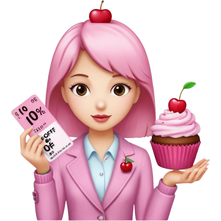 make a elegant girl with a ticket in her hand that says 10 precent off, and in the other had put a cupcake emoji