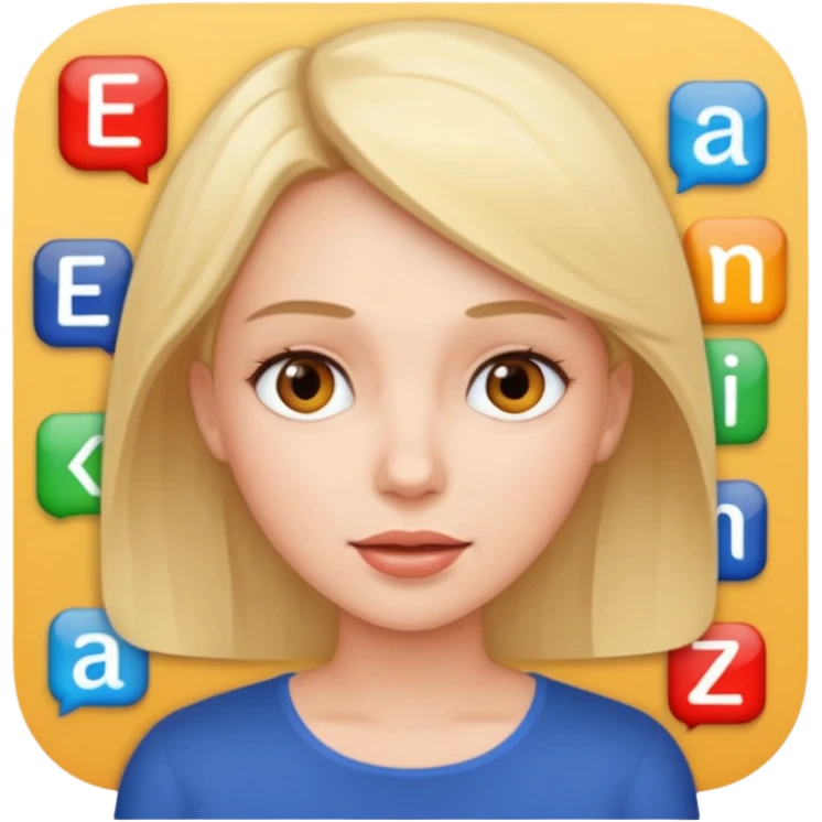a woman talking and English letters around her emoji