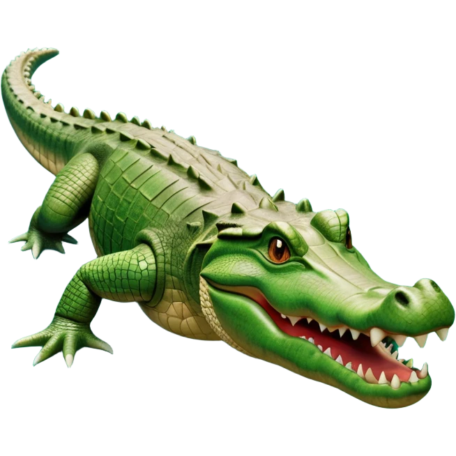 cinematic-crocodile-realistic-full-body-on all fours-emoji,-massive-scaled-body-partially-submerged-in-shallow-water,-head-tilted-dramatically,-rough-green-and-brown-hide-textured-with-deep-ridges,-simplified-yet-realistic-focused-features, head held high emoji