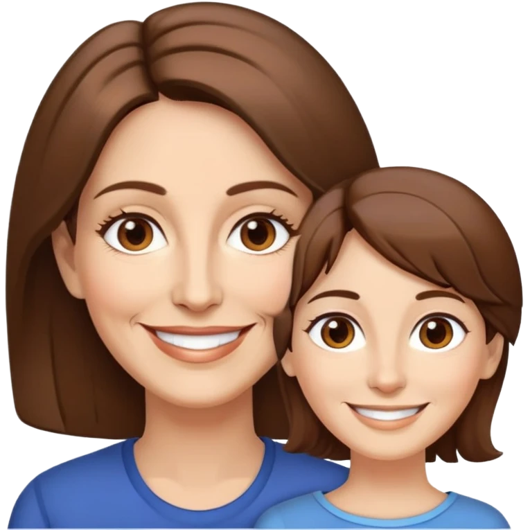 Sra de 54 años con pelo cafe hasta los hombros, cara alargada, ojos cafe sonriente pero en dos capas emoji