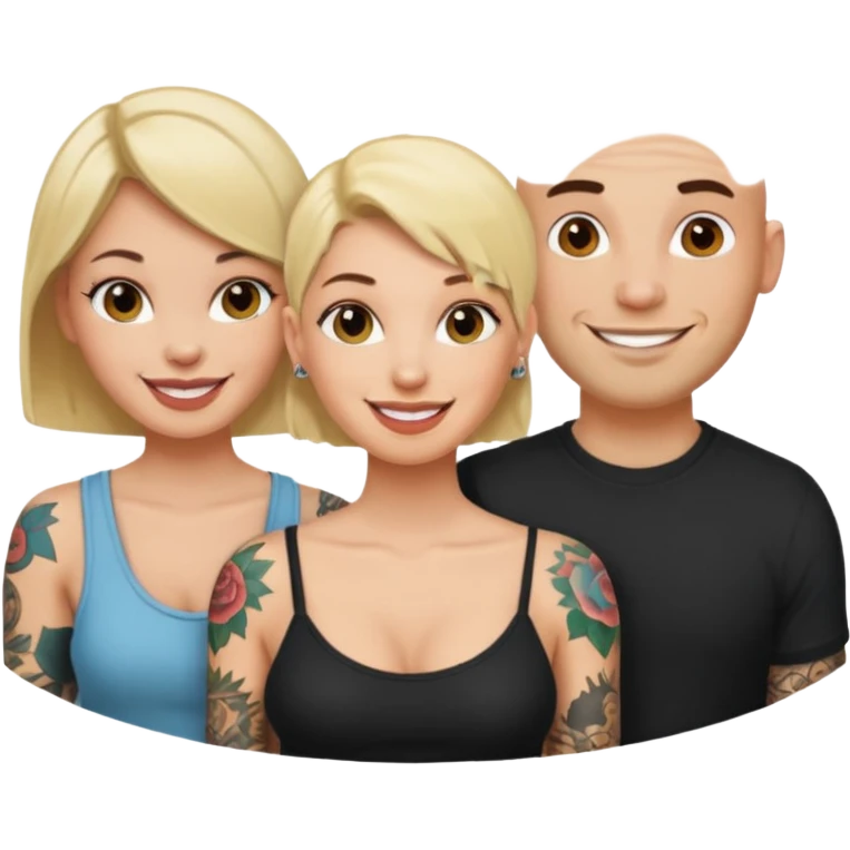 throuple blonde female brunette female with tattoed bald male emoji