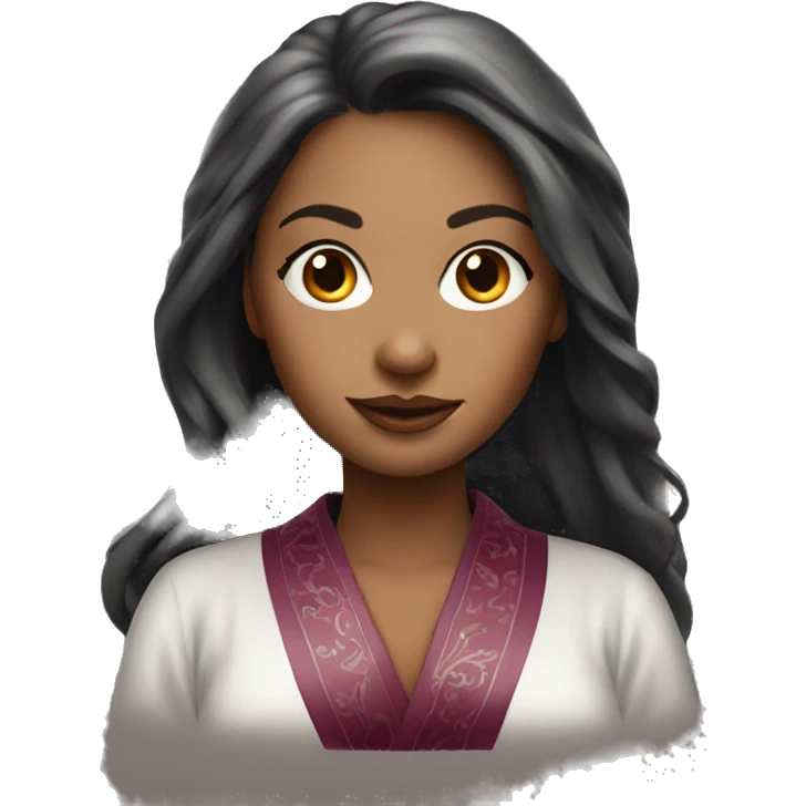 Beautiful tattooed burgundy long haired woman in silk robe emoji