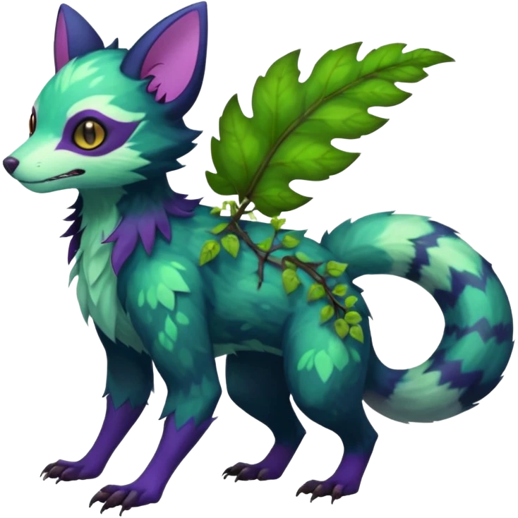 Realistic Sharp swampy realistic mossy grassy elemental ivy floral detailed Colorful translucent luminescent glowing Trico-Noibat-batty-Sergal-Furret-Ferret-Wolverine-Vernid-furry-fursona-fusion-Fakemon-animal-hybrid-creature, full body emoji