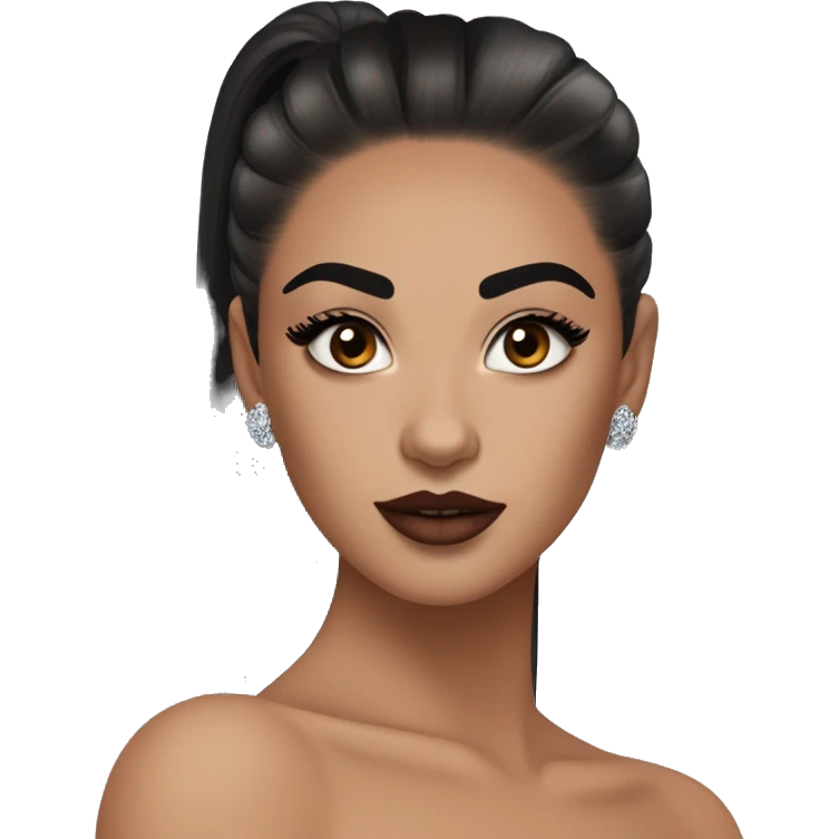 Alexa Demie euphoria show: warm brown eyes, bold black sharp eyeliner, sparkly rhinestones on eyes, dark arched brows, full nude-berry lips, light skin, high cheekbones, sleek dark brown long straight hair in ponytail.

 emoji