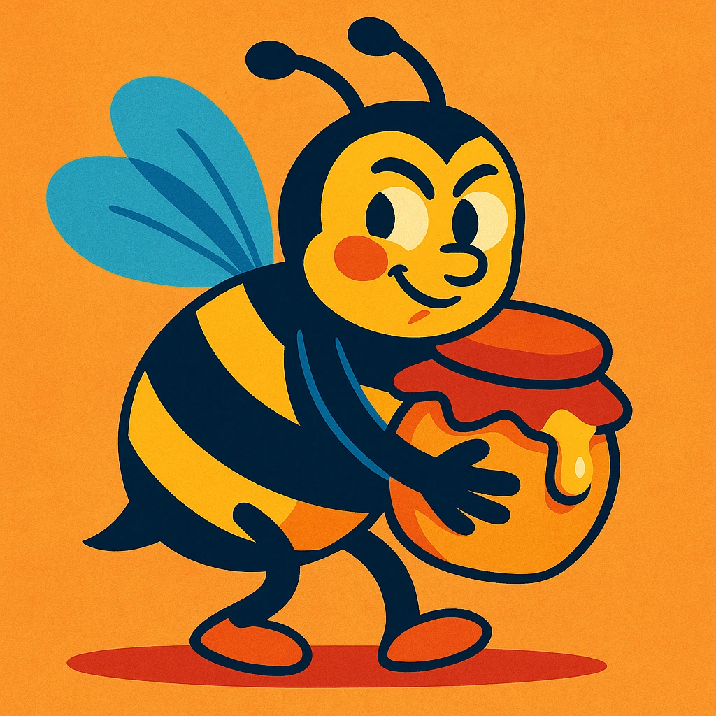 a sneaky bee holding a stolen honey jar, vibrant colors, cartoon style emoji