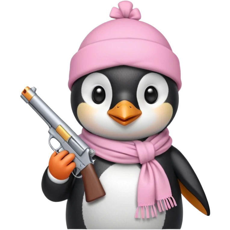 cute penguin wearing light pink bow scarf not on head and holding light pink gun  emoji