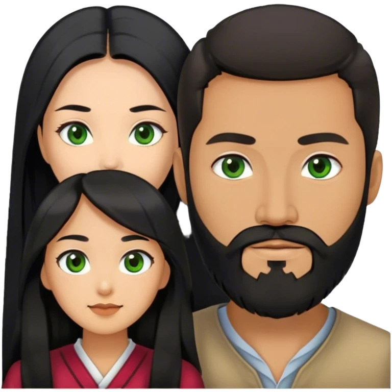 Asian woman with black long hair together with European guy who has black beard, green eyes  emoji