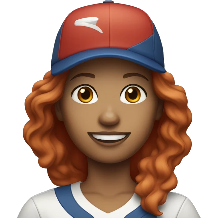 front facing standing female coach with long red hair, wearing a white t-shirt and a simple baseball blue hat emoji