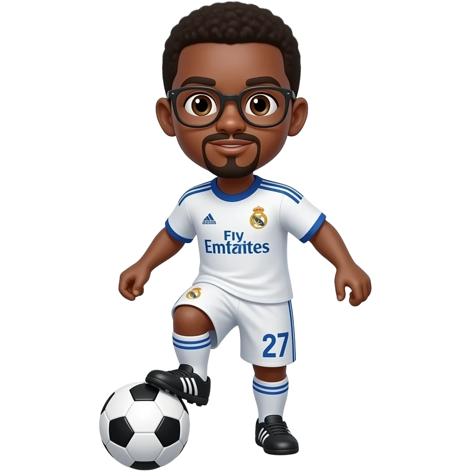 black boy with glasses playing soccer with a madrid jersey number 27 and a little mustache and a goatee emoji