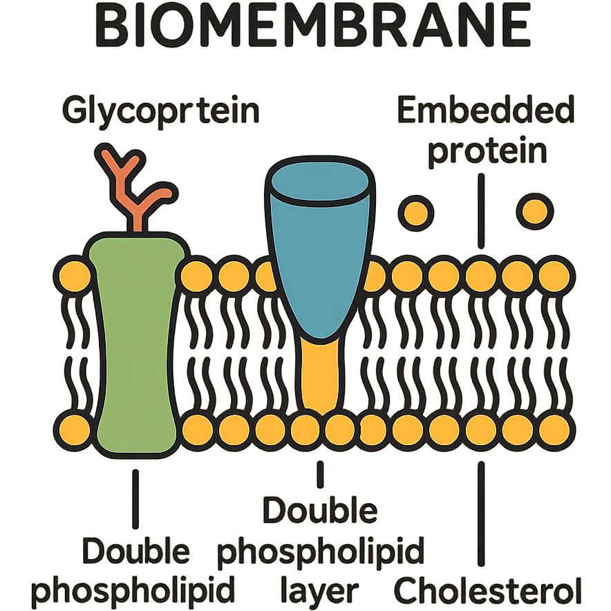 scientific diagram of biomembrane schematic view of double phospholipid layer, embedded proteins, glycoproteins, cholesterol, educational annotations, flat color style emoji