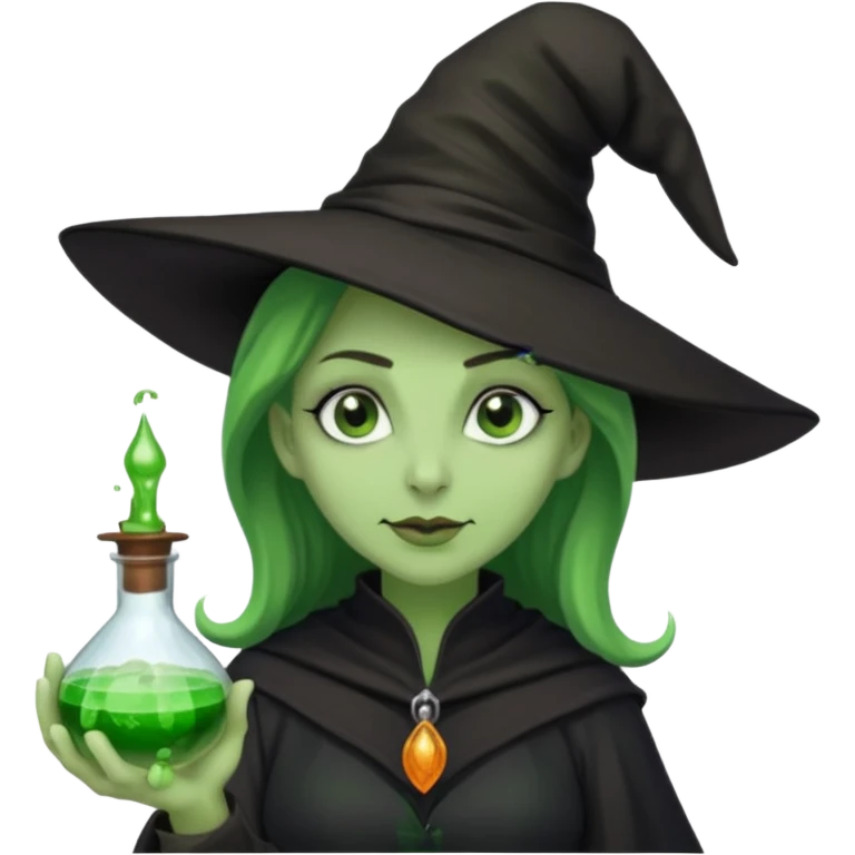 Witch with Green Skin – long-nosed witch in black hat holding potion emoji