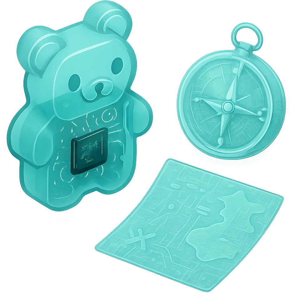 A pirate compass and map with translucent design showing internal gears and circuit patterns, in an isometric 3D style emoji