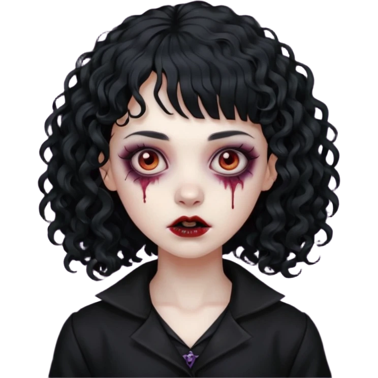 Faça uma mulher zumbi com o cabelo cacheado médio, e uma franja cacheada, cabelo preto e deixe ela meio gótica. emoji