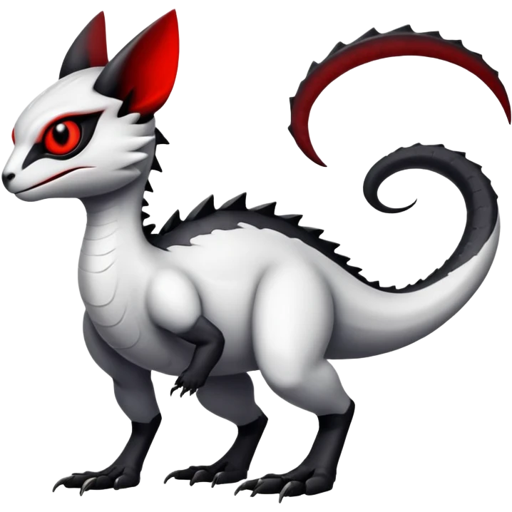 a white exotic edgy vernid-fionbr-Fakémon-creature, with black belly and red eyes, full body emoji