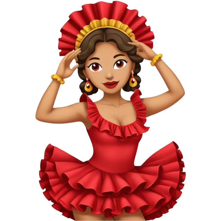 Female Colombian salsa dancer with ruffle dress, traditional Colombian headpiece, mid-dance move emoji