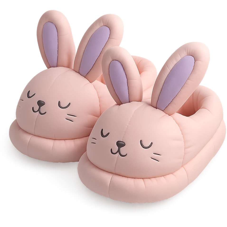 pair of bunny slippers with floppy ears and embroidered eyes, cozy and rounded, pastel palette, cushion style emoji