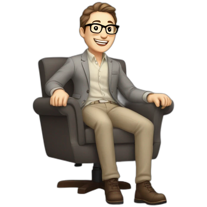 Joyful Celebrating victory thrumb up Pale skinned Fit Man With dark brown hair in gray jacket, beige office shirt, Brown pants and vintage glasses sitting In a soft chair emoji