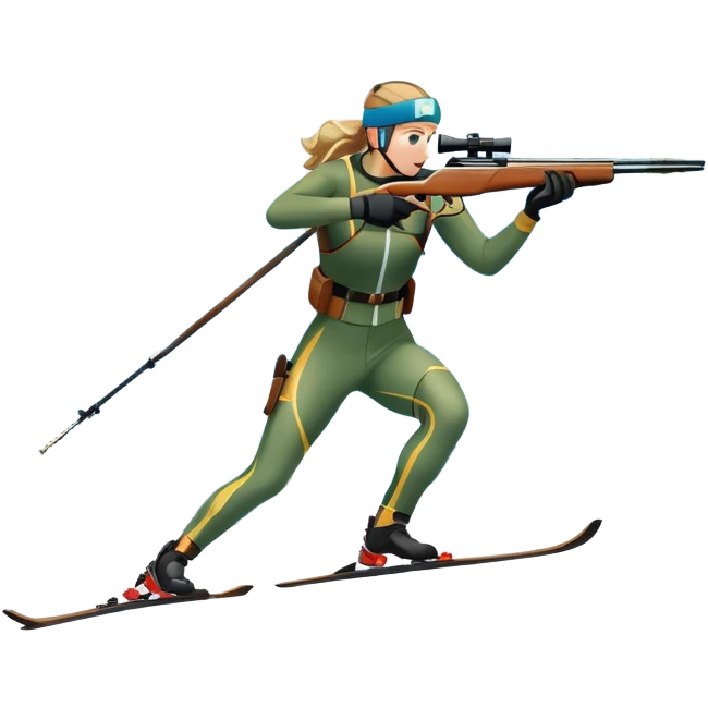 An icon featuring snow-covered trees, distant mountains, and a clear blue sky with a biathlete in motion, holding a rifle and skiing across a snowy course. Transparent background highlights the precision, endurance, and excitement of biathlon. emoji
