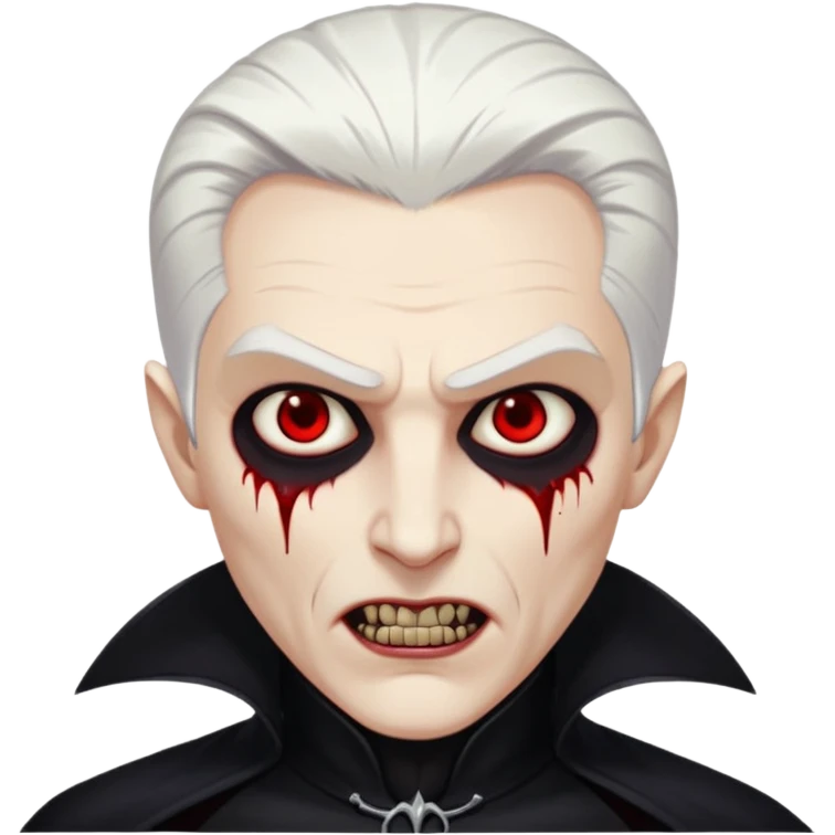 Creat a young man Vampire with white skin and white hair "make him have slide back hair" and full black vampire clothes and bloody eyes and long fangs and scary dead eyes emoji