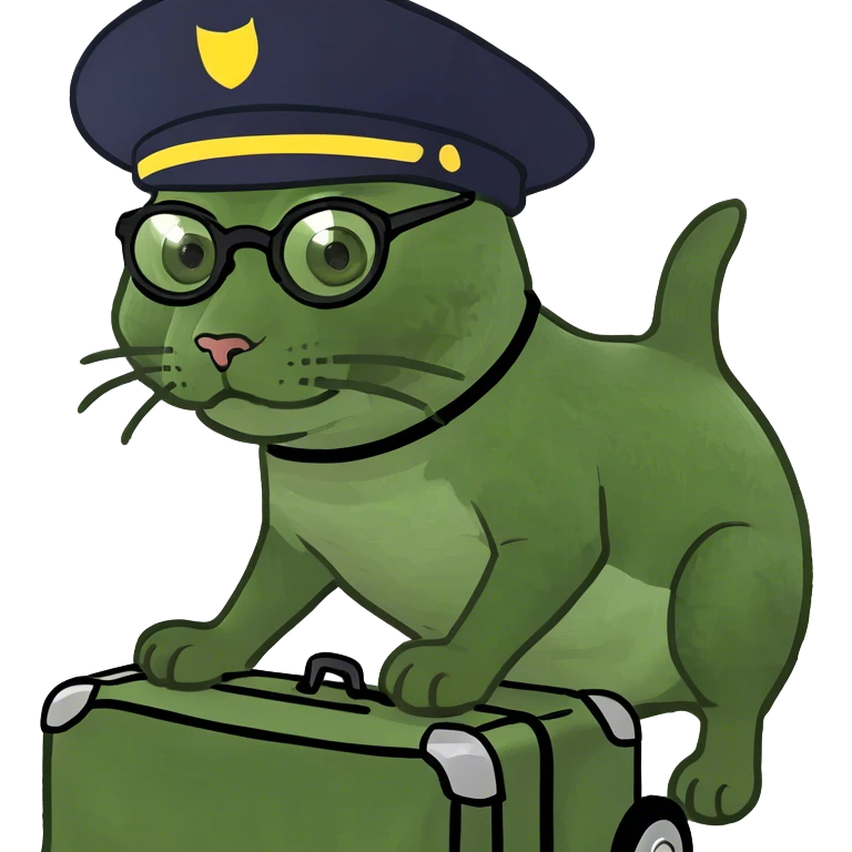Cat driving a motorized suitcase with wheels emoji