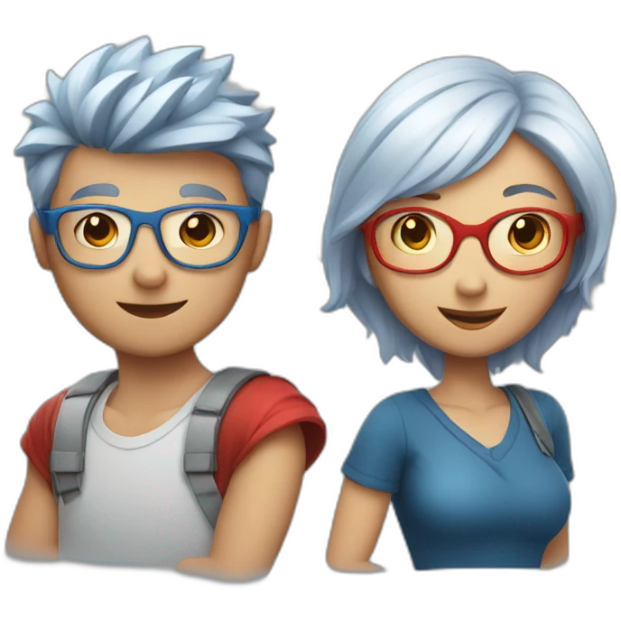 a boy with silver hair and a curvy girl with red hair and blue glasses hugging emoji