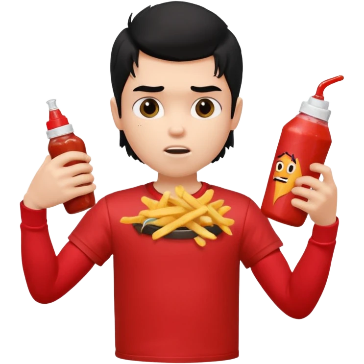 generate a pretty fair bratz boy with a messy mullet (black hair), wearing a red tshirt. eating fries, big biceps emoji