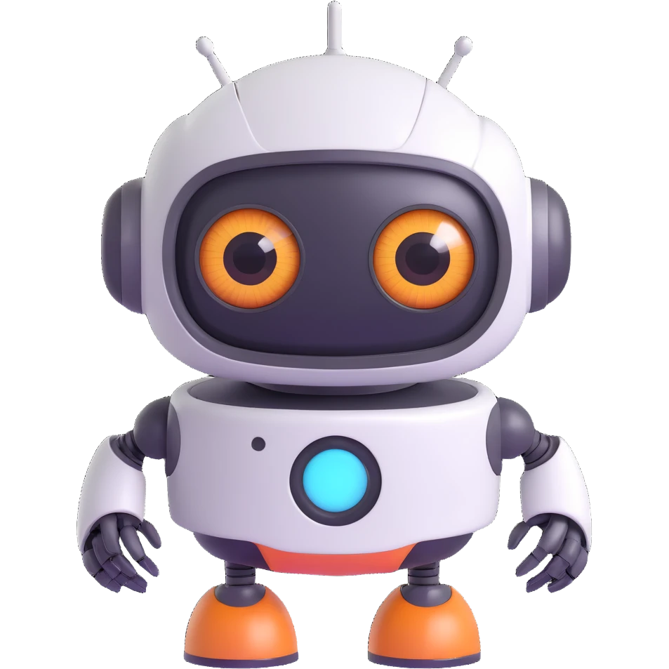 Friendly robot with big expressive eyes — round head, glossy finish, slightly clumsy but charming (think Wall-E meets Baymax). emoji