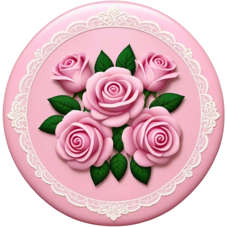 A round pink button with light cream damask lace and pink roses emoji
